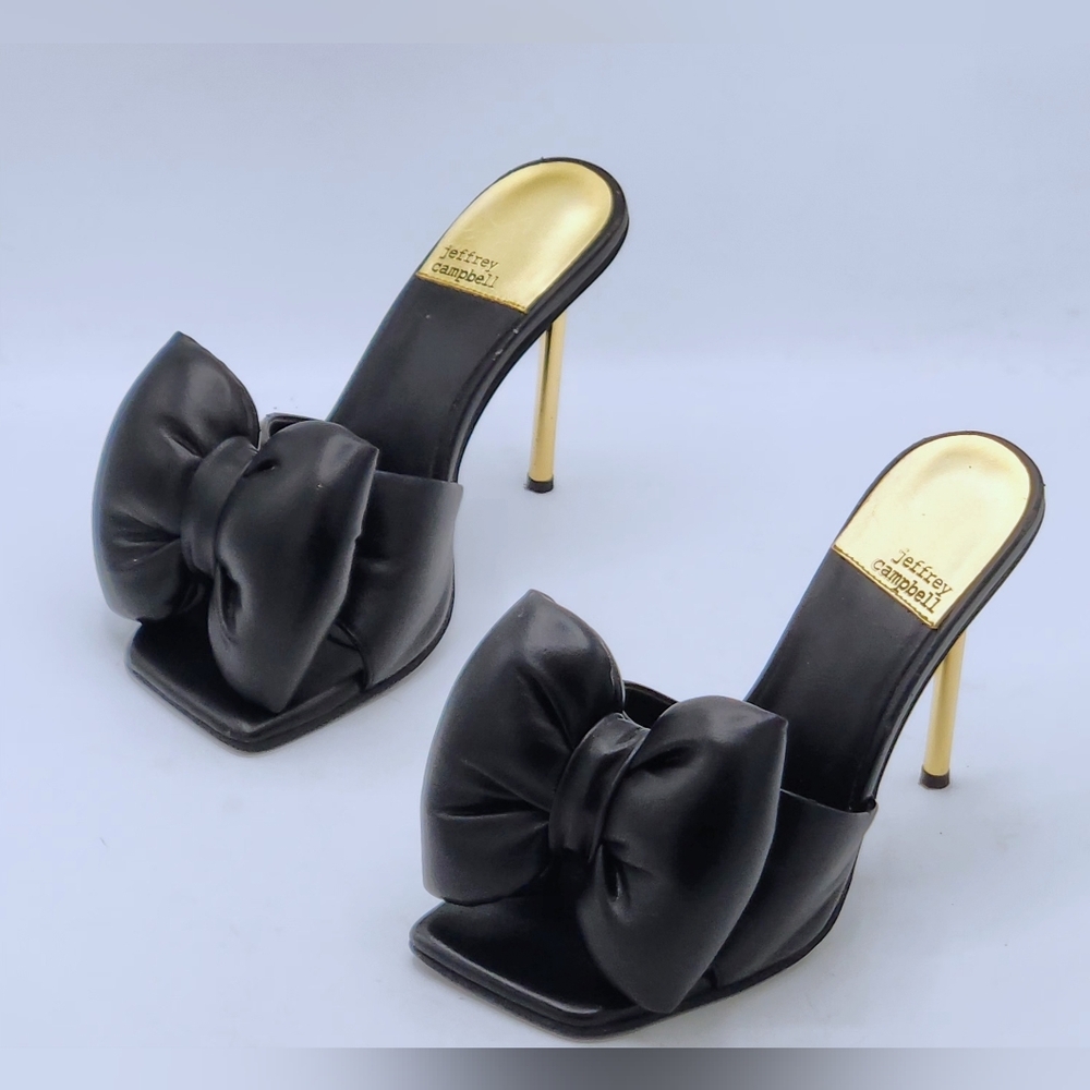 Jeffrey Campbell Bow-Down High Heel Slide Sandals In Black And Gold Size 7 - Picture 3 of 16